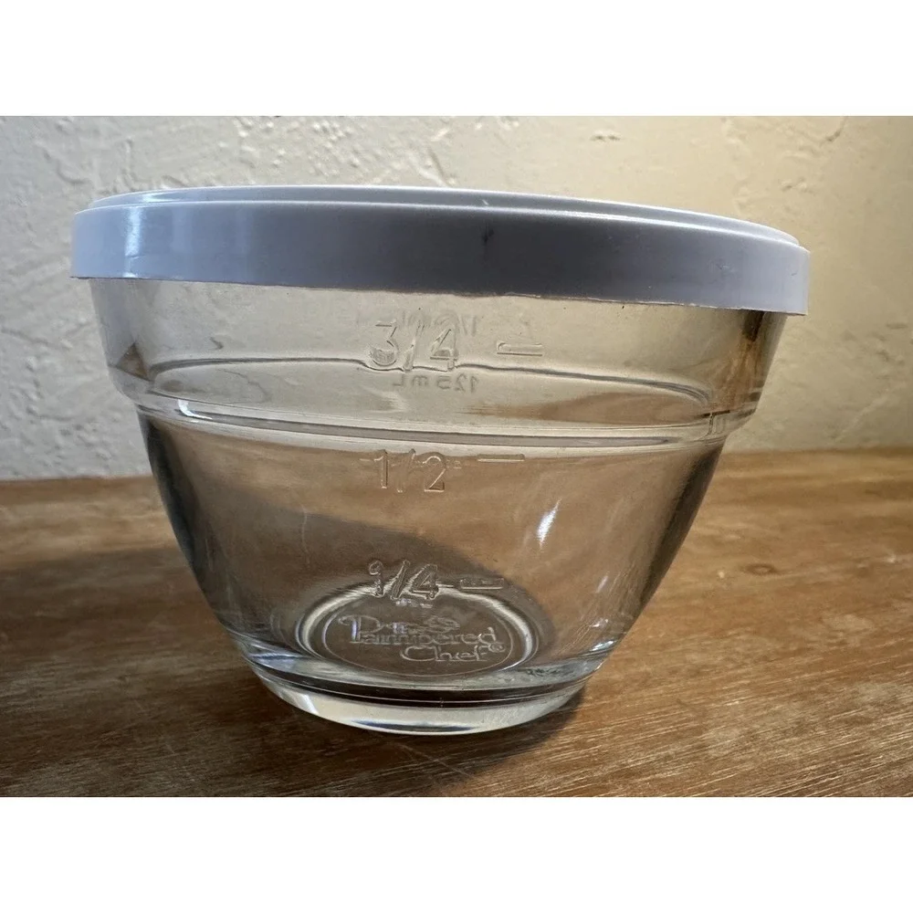 Pampered Chef Clear Glass Measuring Cup/bowl- 3/4 Cup 175 ml/ with Lid